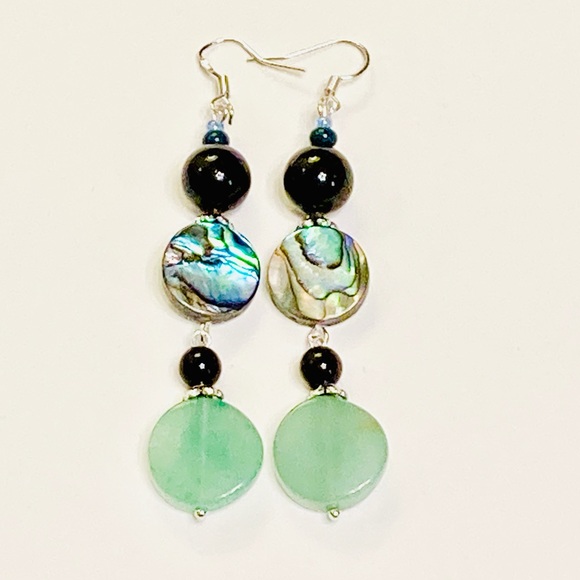 JK Designs Jewelry - Mint Green Aventurine Stone, Fabulous Abalone & Black Onyx BOHEMIAN Earrings
